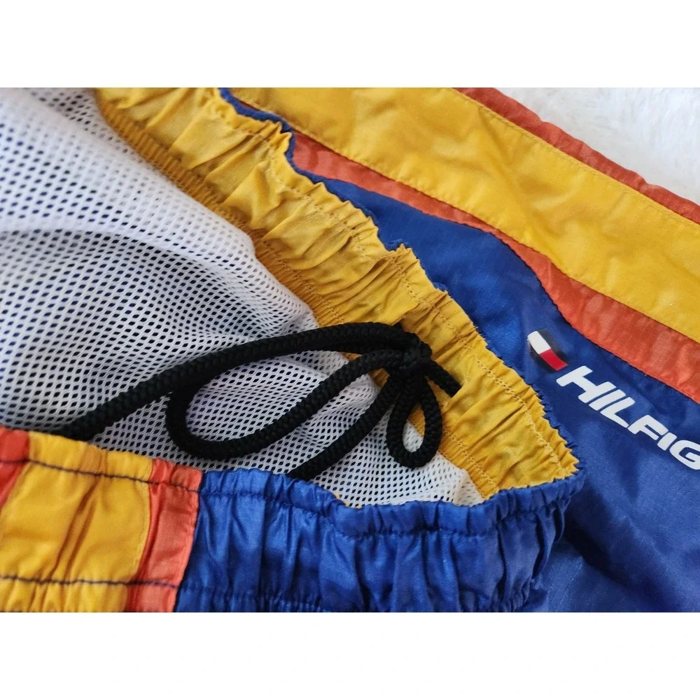 Tommy Hilfiger Swim Trunks Lined Vintage Blue Orange Yellow Mens Large Drawstrin